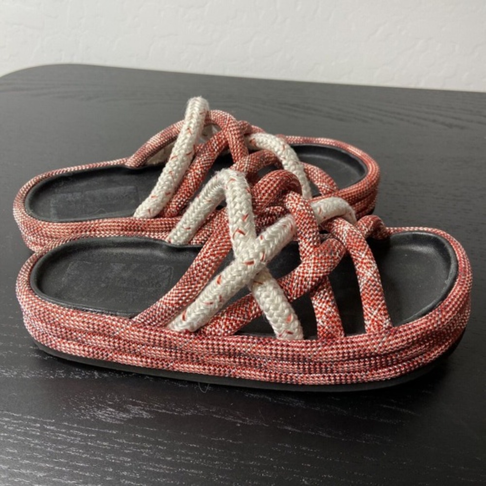 Woven Rope Slide Sandals in Coral and Cream
